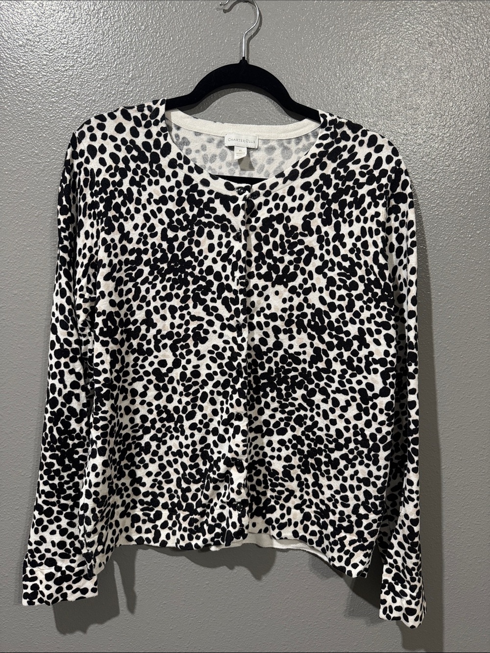 Charter Club Black and White Leopard-Print Long Sleeve Cardigan